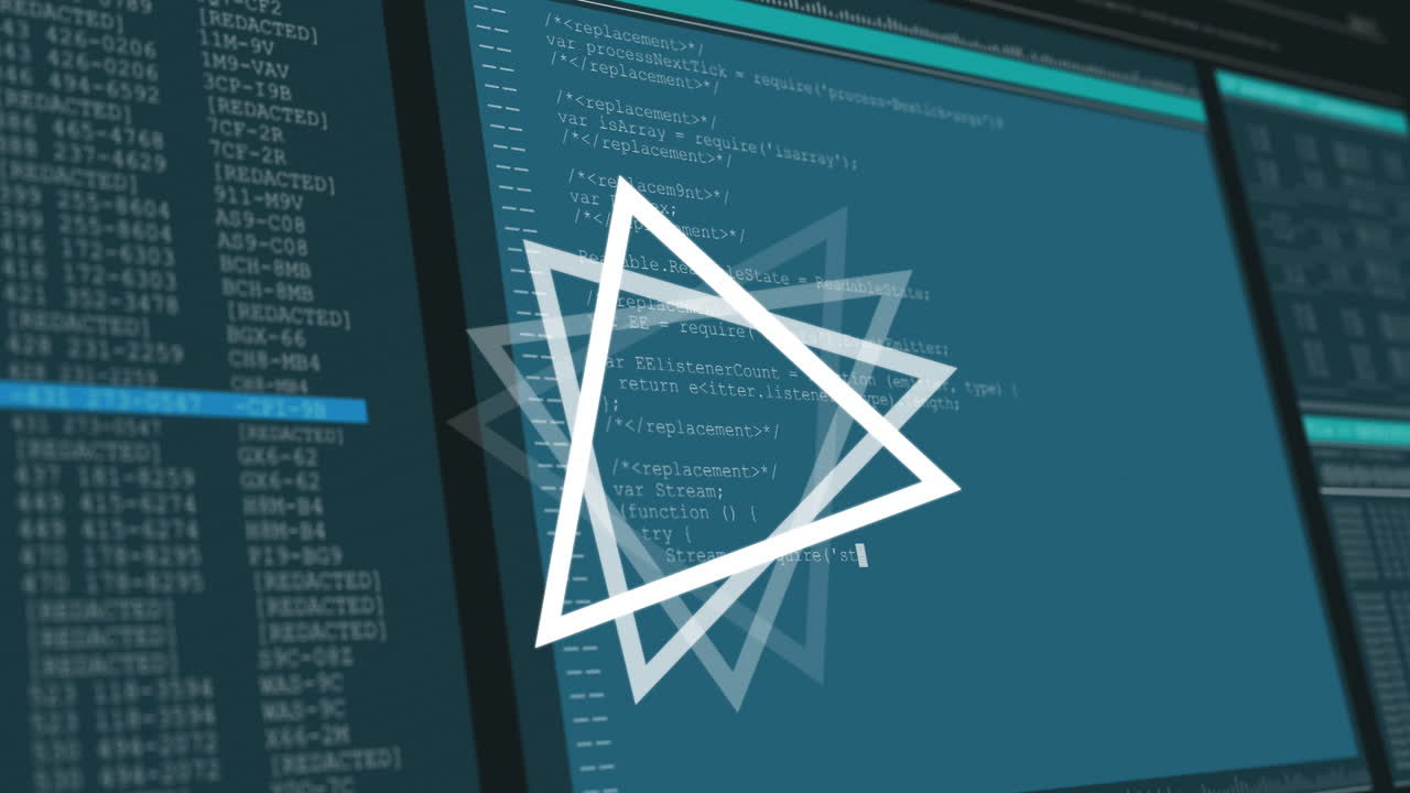 Animation of triangle rotating over data processing on computer screens