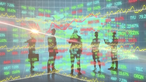 Animación-De-Un-Punto-De-Luz-Sobre-La-Silueta-De-Empresarios-Contra-El-Procesamiento-De-Datos-Del-Mercado-De-Valores