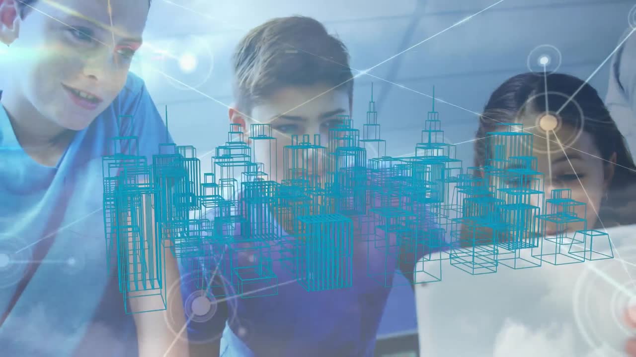 아이들의 애니메이션과 3d 도시 풍경 그림에 대한 연결 네트워크