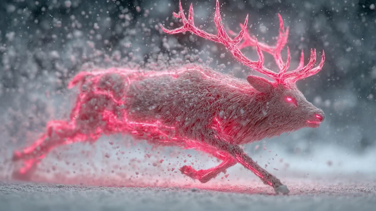 A captivating visual of a mystical deer, surrounded by swirling snow, radiating an ethereal glow and energy, creating an enchanting scene of nature and magic