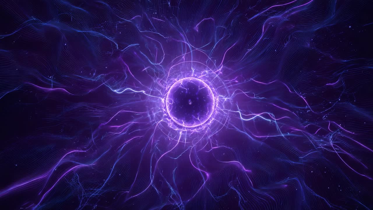 A mesmerizing depiction of an energetic particle surrounded by swirling purple tendrils, representing the dynamic nature of energy and the interconnectedness of matter in an abstract cosmic scene