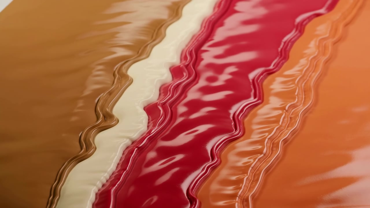 Closeup Layered Paint Flow Across Surface, Vivid Red And Orange Pigments Ripple In Glossy Liquid Bands,