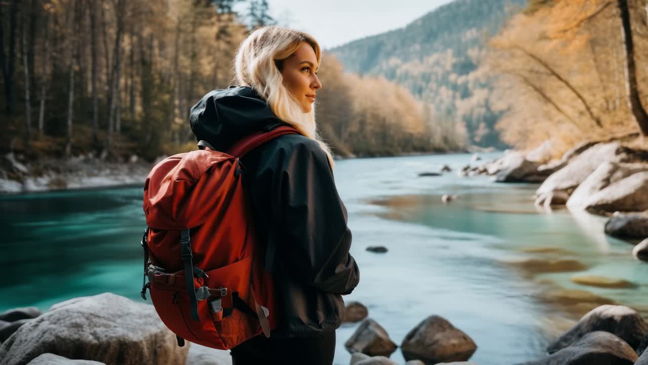 A woman with a red backpack stands by a serene river, captured from behind at eye level