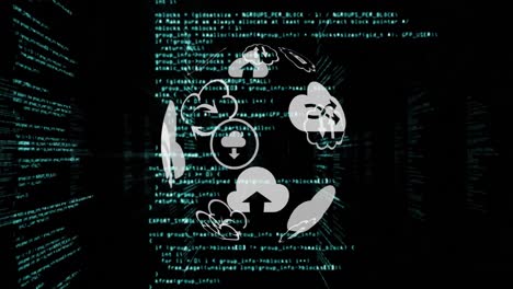 animation of a rotating icons globe over information scrolling on background