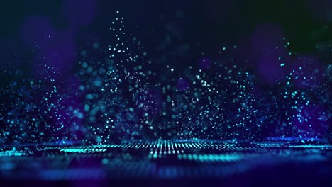 flujo de datos azul 3d bg como espacio digital. fondo azul de alta tecnología con partículas brillantes forman estructura compleja. concepto de fondo de ciencia ficción de flujo de información de alta tecnología, blockchain, ciencia de datos. dof