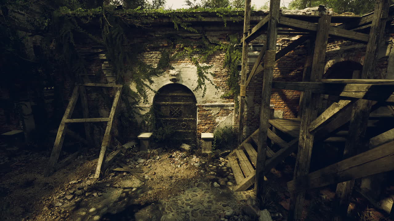 Old brick wall with wooden scaffolding in overgrown ruin during daylight