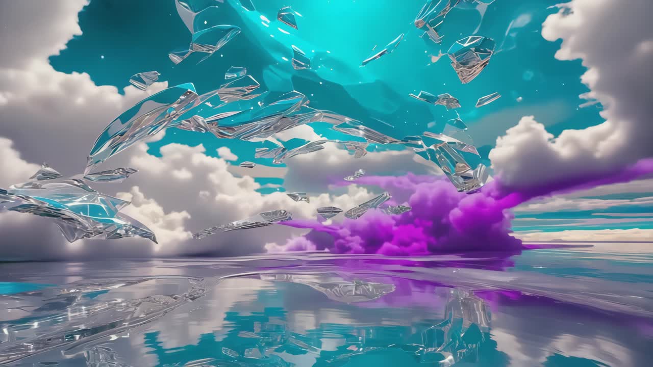 Abstract landscape with floating glass fragments and cloud reflections
