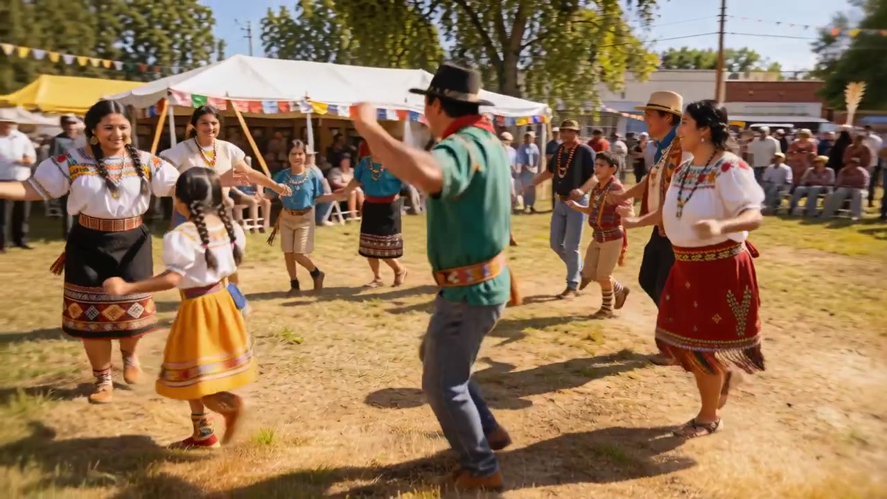 Dancing dancers gathering, stepping, turning near canopy bunting at fair with child in yellow skirt