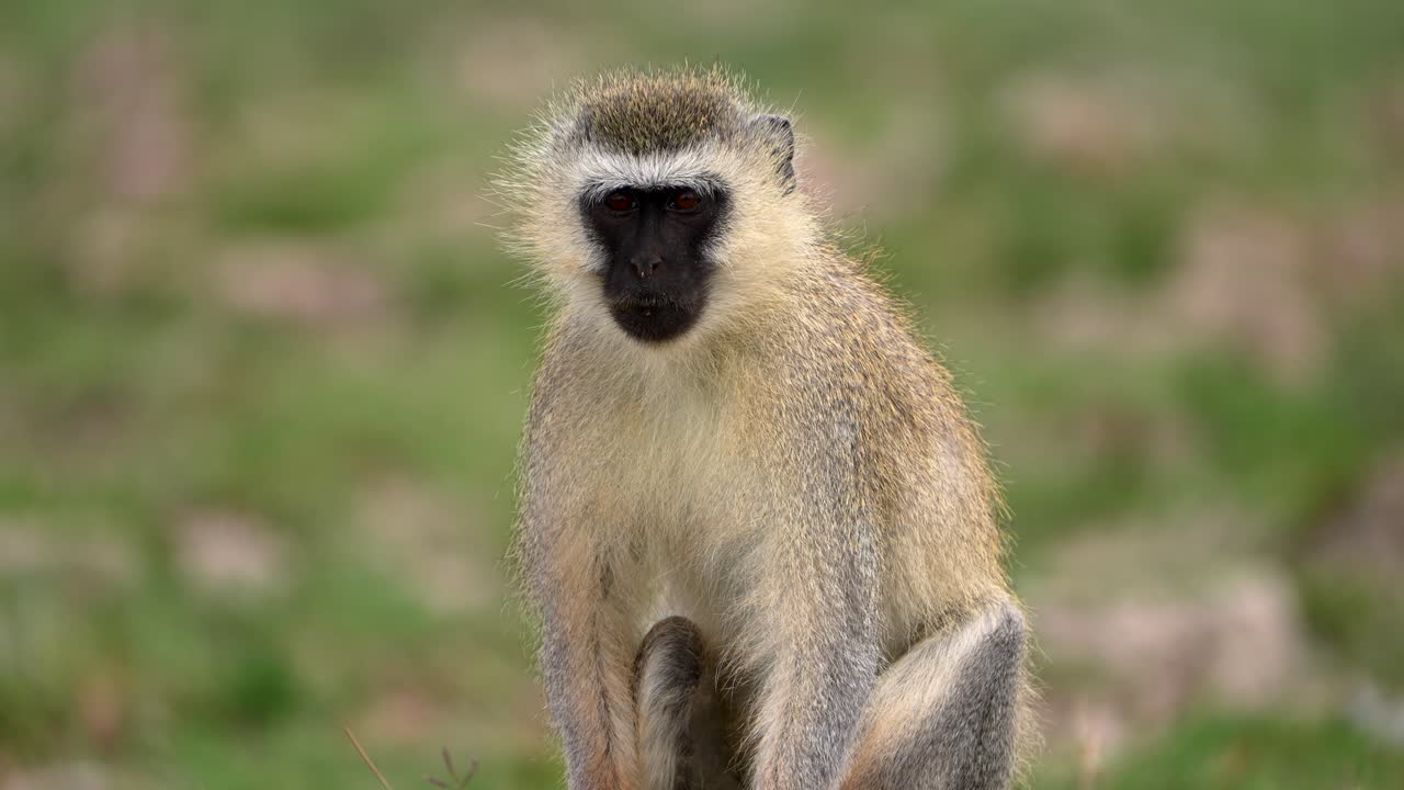 Primo piano di una scimmia Vervet che mostra un'azione di toelettatura naturale.