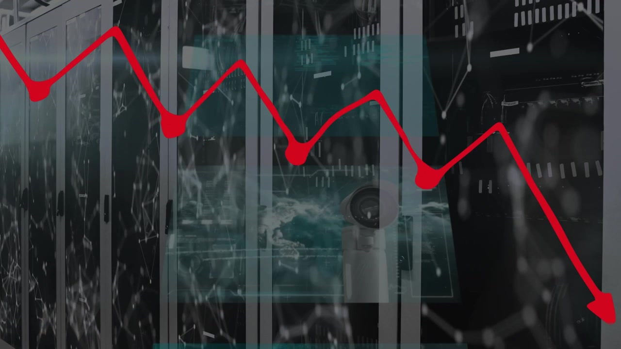 Animazione di grafico ed elaborazione dati su una sala server.