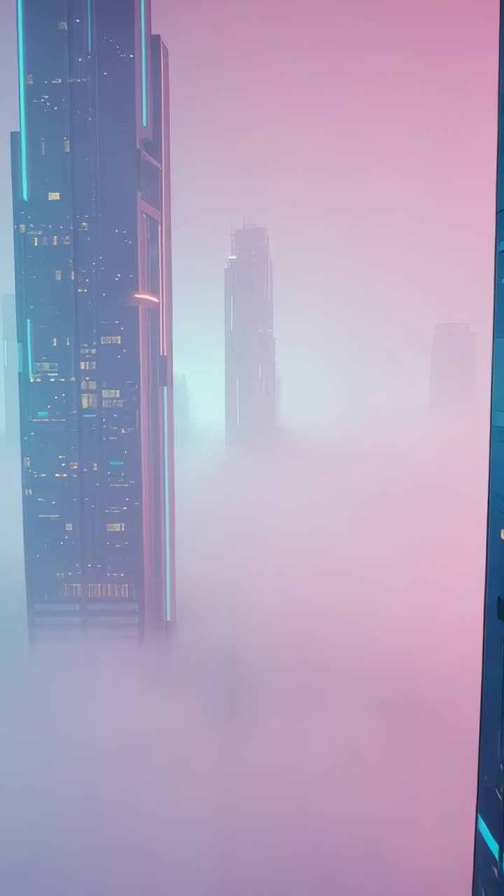 Vertical video: Panning camera showing left tower and distant spires through pink fog, neon glow