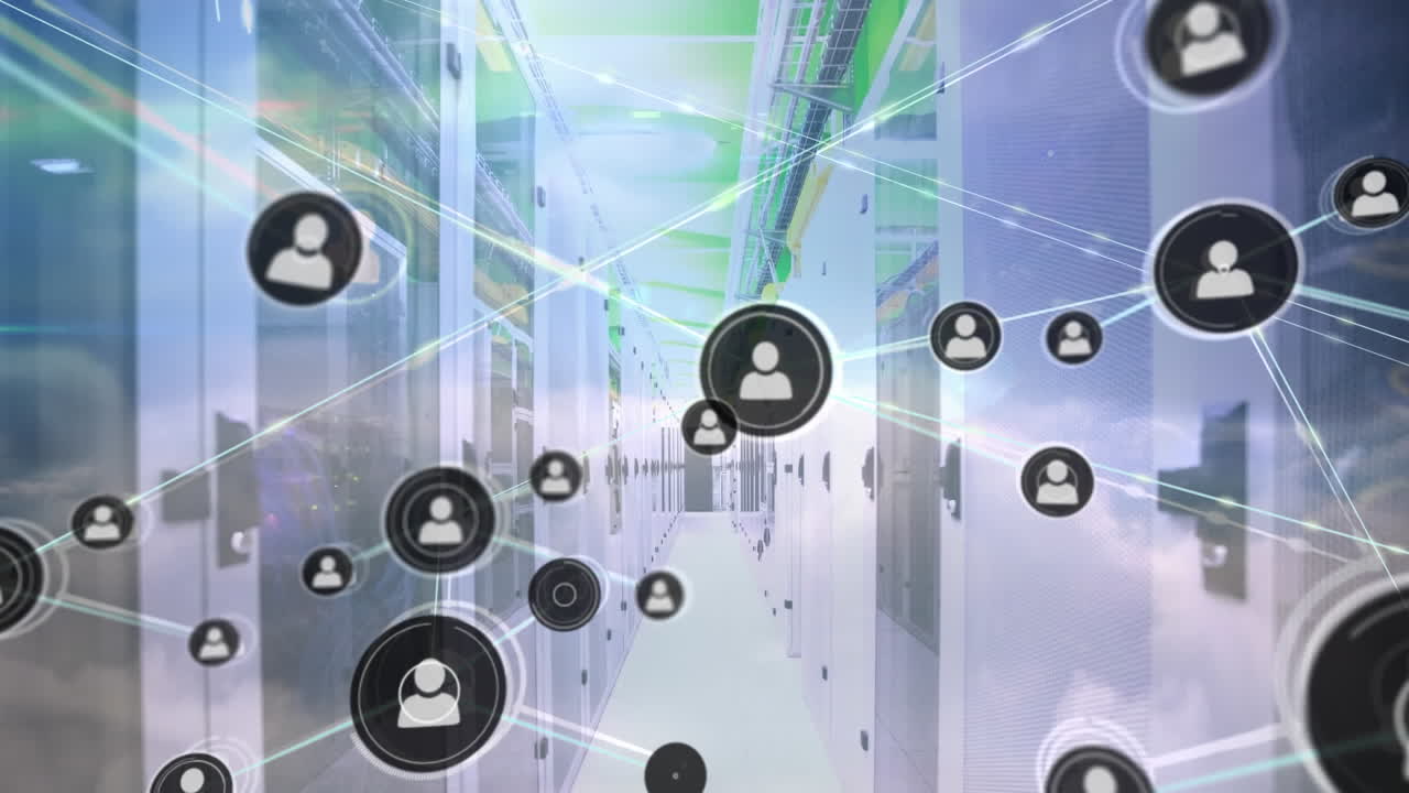 Animazione di una rete di connessioni con icone su server di computer