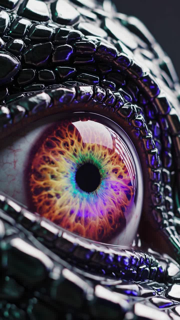 Close-up video of a reptilian eye with vibrant colors, showcasing intricate scales