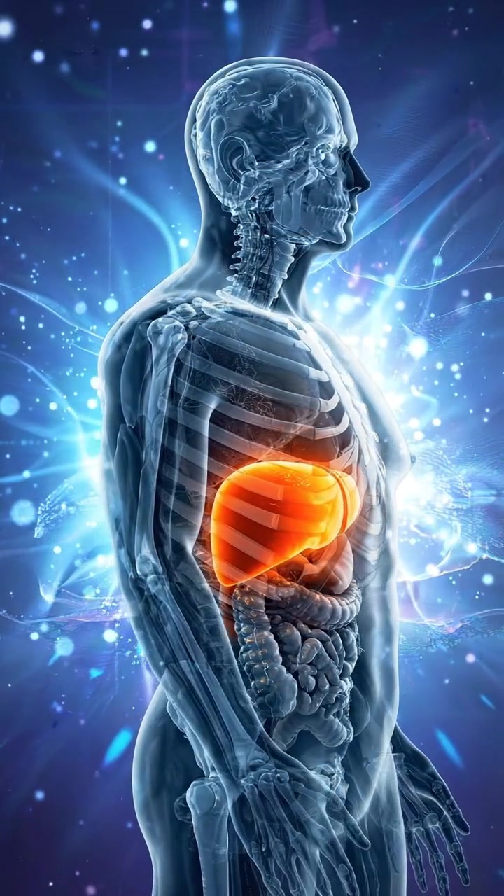 Transparent human torso showing glowing digestive organs medical render