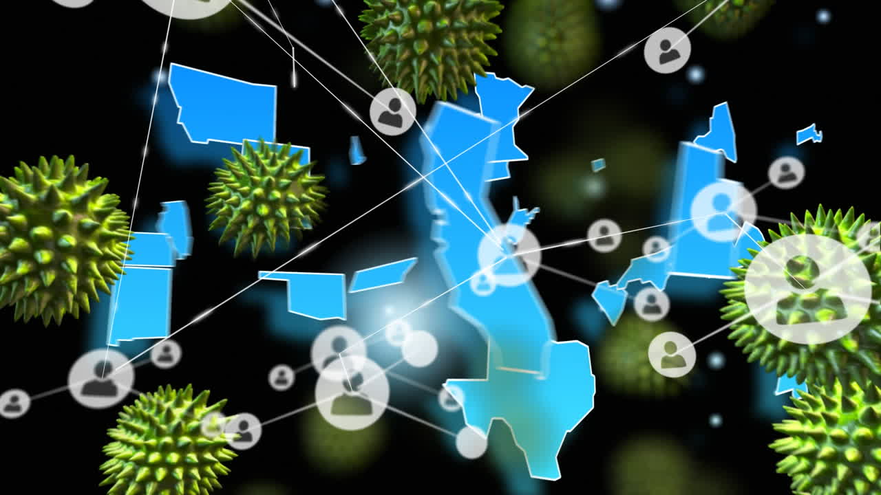 네트워크 연결을 통해 확산되는 거대 코로나바이러스 코로나19 세포의 애니메이션