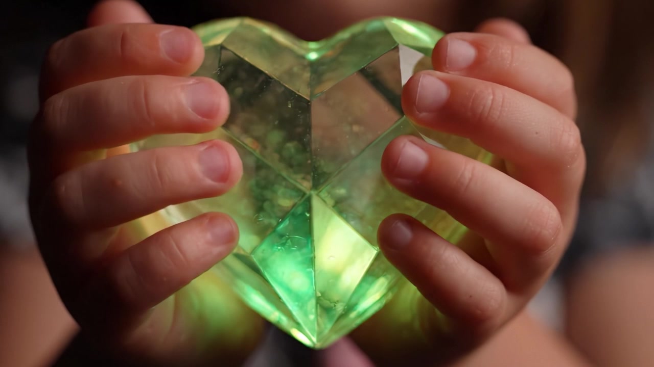 L'incanto di un bambino: una gemma illuminata a forma di cuore scintilla con una luce blu e rosa vibrante, simboleggiando amore e gioia nelle sue piccole mani.