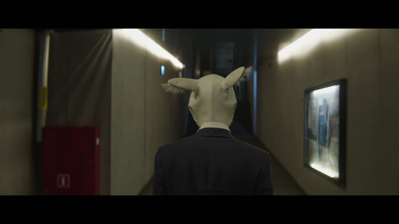 Man walking down a corridor with a rabbit head