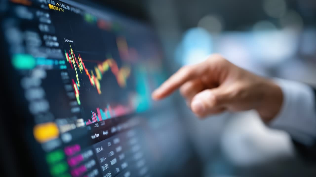 A Close-Up View of Market Analysis: Understanding Stock Trends Through Data Visualization and Strategic Finger Pointing on a Financial Dashboard