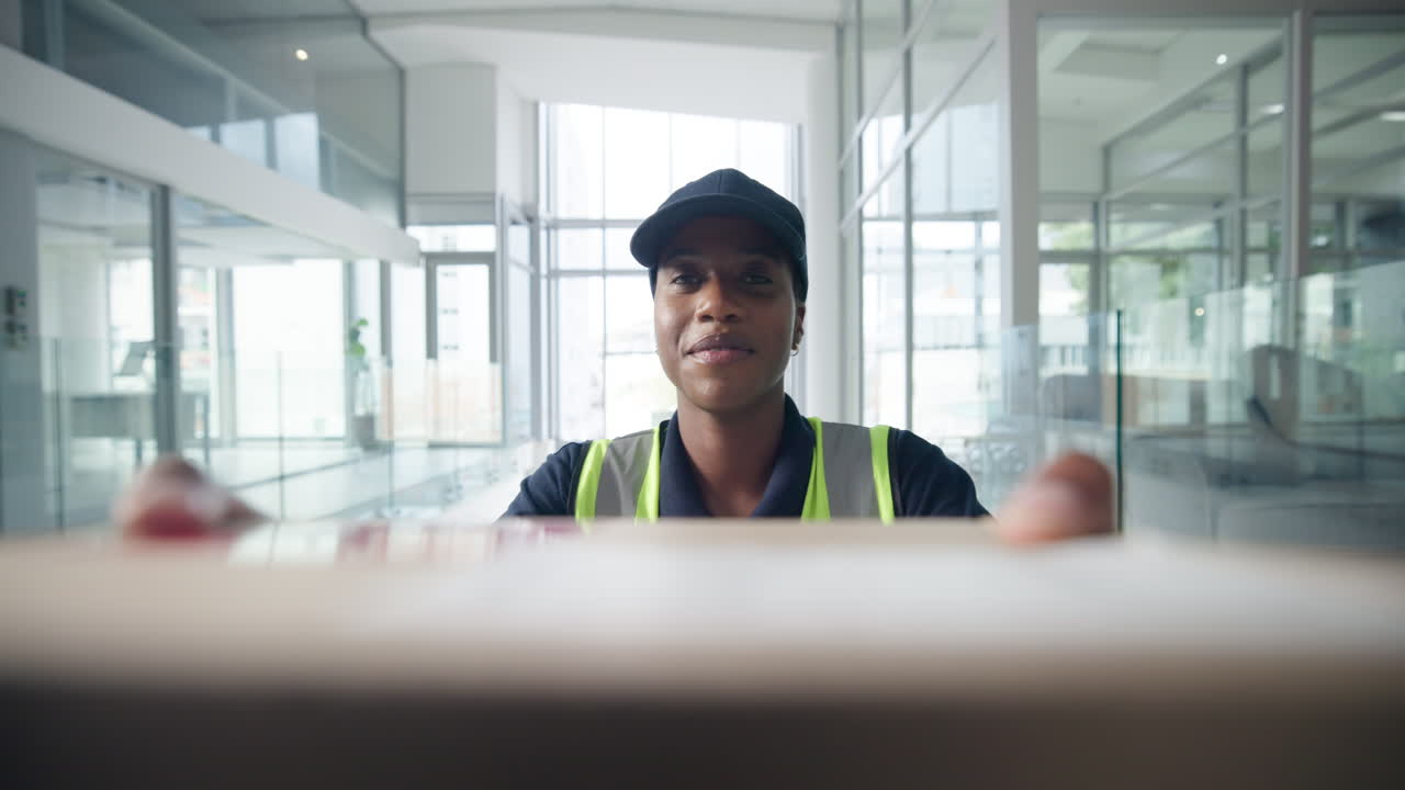 Delivery person bringing package to office