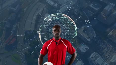 Animation-of-african-american-rugby-player-over-globe-and-network-of-connections-and-cityscape