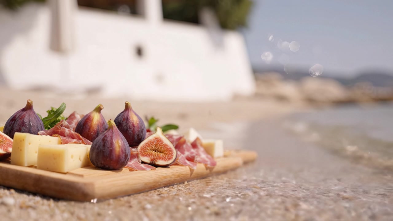 Un bellissimo picnic in spiaggia con fichi freschi, formaggio e salame su un tagliere di legno in riva al mare, che invita a un'atmosfera estiva rilassante e a viste panoramiche.