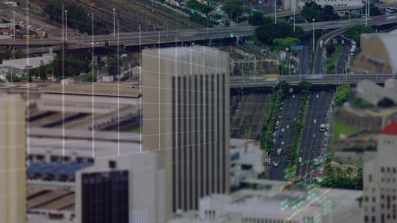 Animation of financial data processing over cityscape
