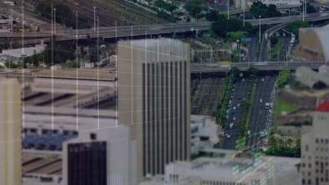 animación del procesamiento de datos financieros sobre el paisaje urbano