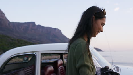 road trip, couple and stop at beach