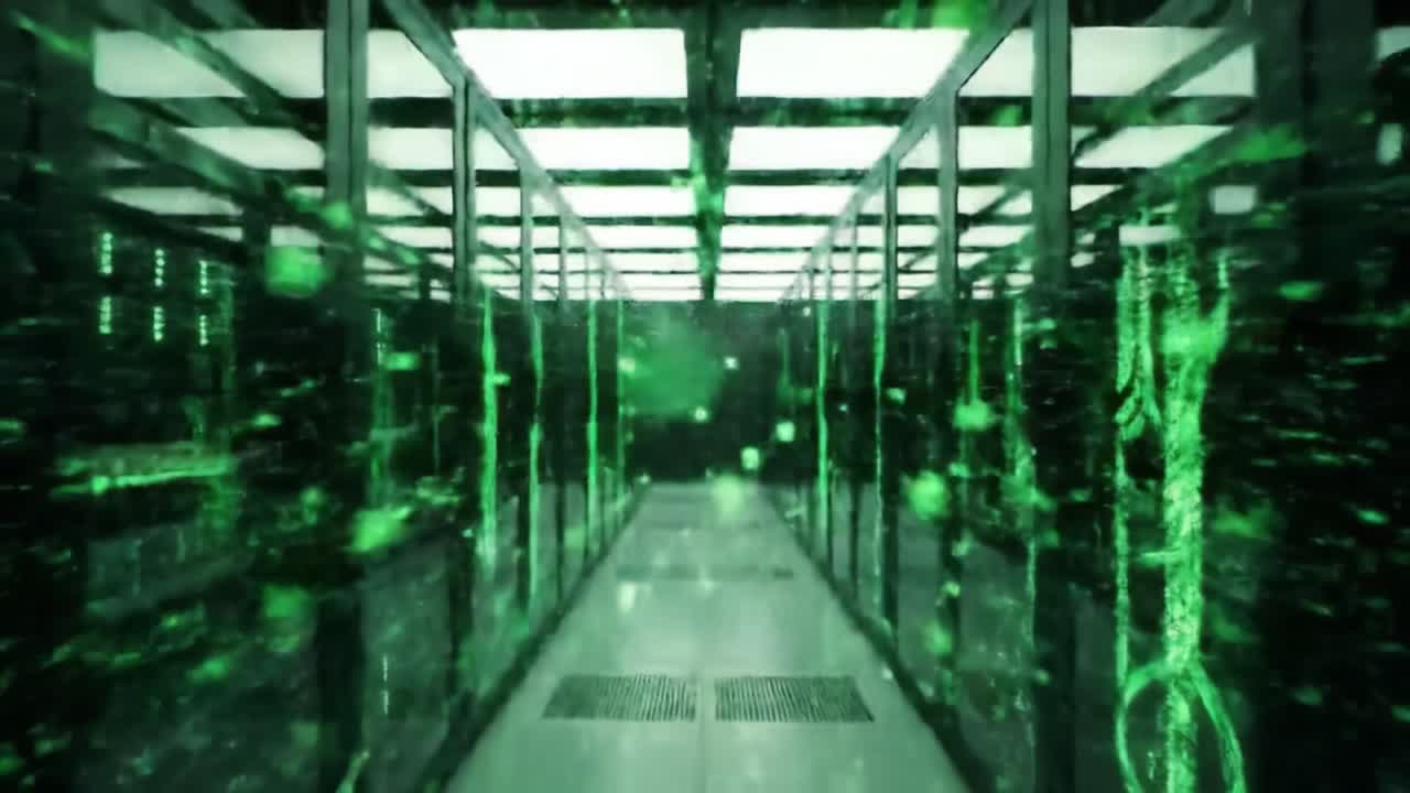 A dynamic exploration of a modern data center housing numerous servers and advanced technology, emphasizing efficiency and data management features in a high-tech facility.