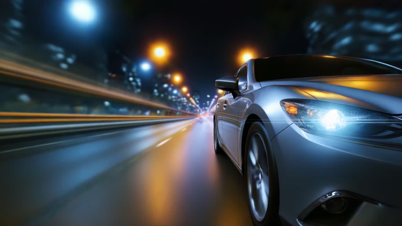 Guida notturna dinamica: affascinante sfocatura di movimento e luci della città mentre un'auto elegante sfreccia nel paesaggio urbano di notte, mostrando velocità e illuminazione