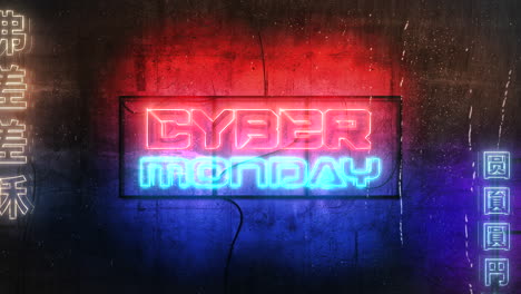 Cyber-Monday-with-cyberpunk-neon-light-on-wall-in-Japan-city-2