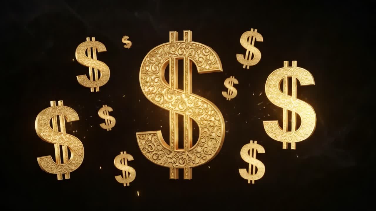 Kıvılcımlar ve Dumanla Çevrili Göz Kamaştırıcı Altın Dolar Sembolleri Gösterisi ile Zenginlik ve Refahın Kutlandığı Dikkat Çekici Bir Görsel Şölen