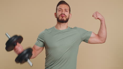 athlete sportive man showing biceps, feeling power strength, energy to gain success win, motivation