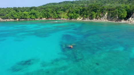 Vista-Aérea-De-Un-Barco-Hundido-En-Una-Hermosa-Playa,-República-Dominicana,-Tranquilas-Aguas-Azul-Turquesa,-Día-Claro,-Sol-Radiante