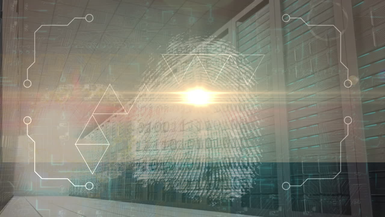 바이너리 코딩, 생체인식 지문, 빛나는 컴퓨터 회로판에 있는 데이터의 애니메이션