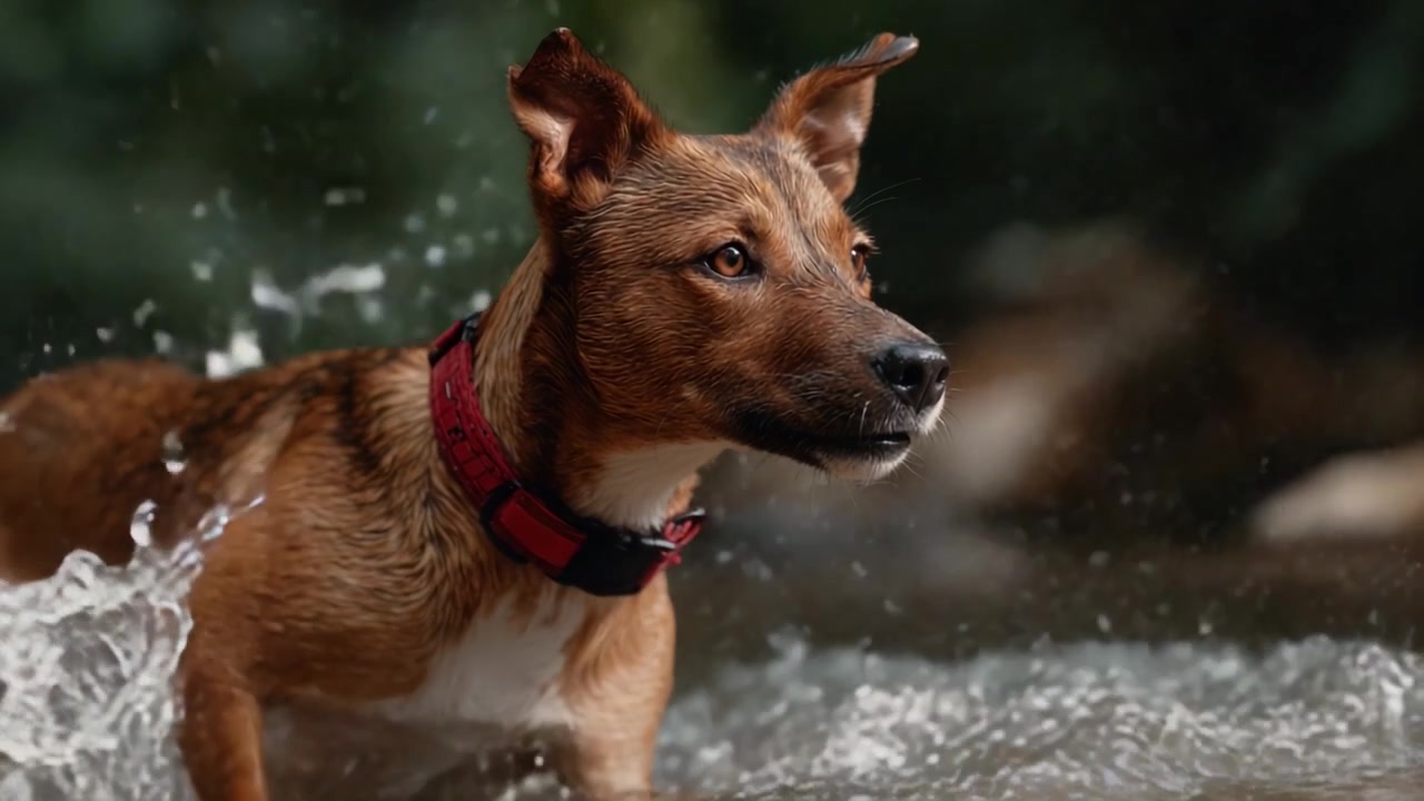 Un cane marrone giocoso che sguazza nell'acqua, incarnando gioia e avventura in un ambiente naturale sereno, mostrando il suo entusiasmo per l'esplorazione all'aperto.