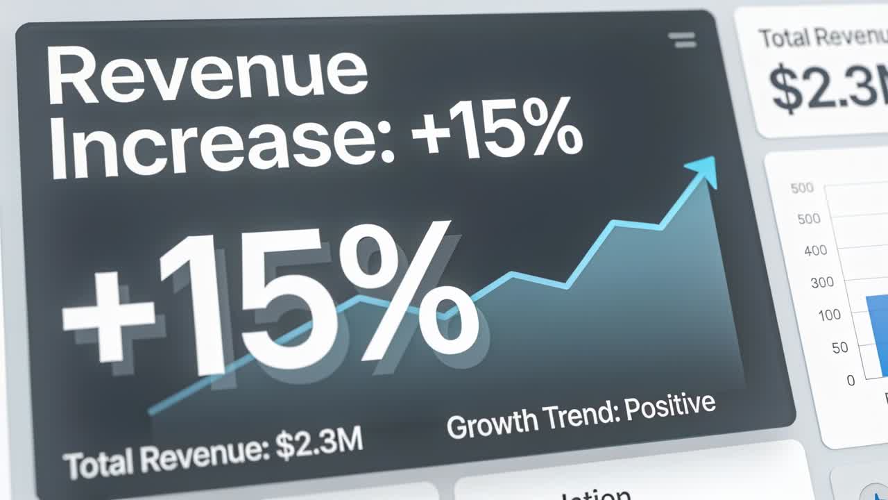 Software dashboard updating main metric card from +15% to +12% after data refresh, showing $2