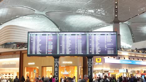 terminal de aeropuerto ocupado con tablero de salida y tiendas