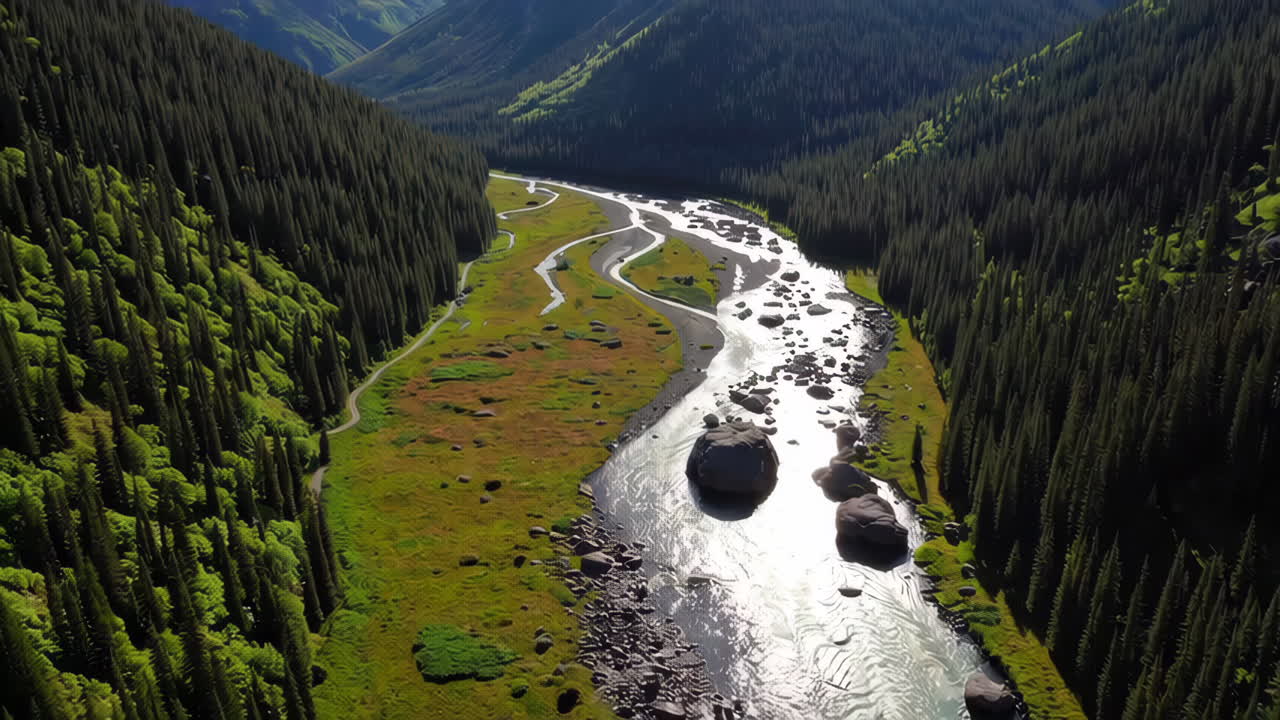 Winding River Through a Lush Mountain Forest Valley