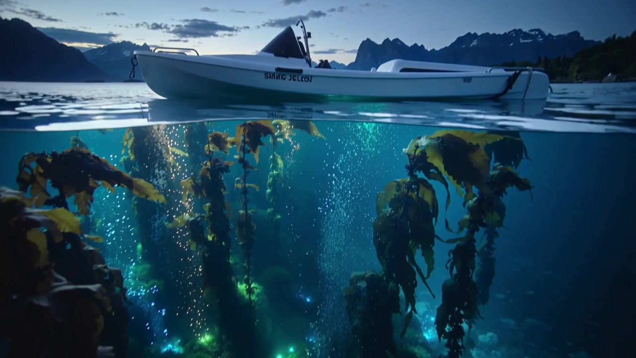 Floating white motorboat centered at dusk in bay, dimming light bringing kelp glow, rising bubbles