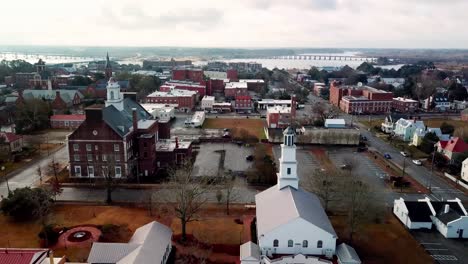 aerial pullout skyline with river in background in new bern nc, north carolina