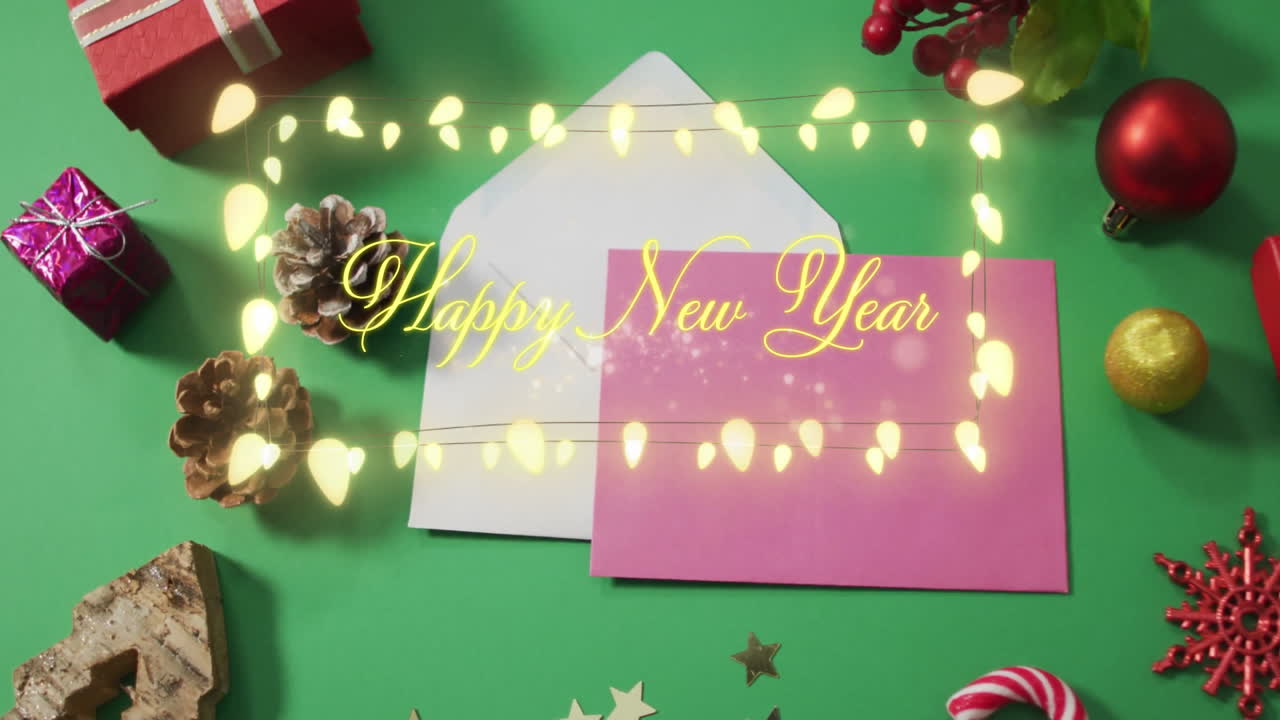 Animación de texto de feliz año nuevo y luces sobre letras y decoraciones