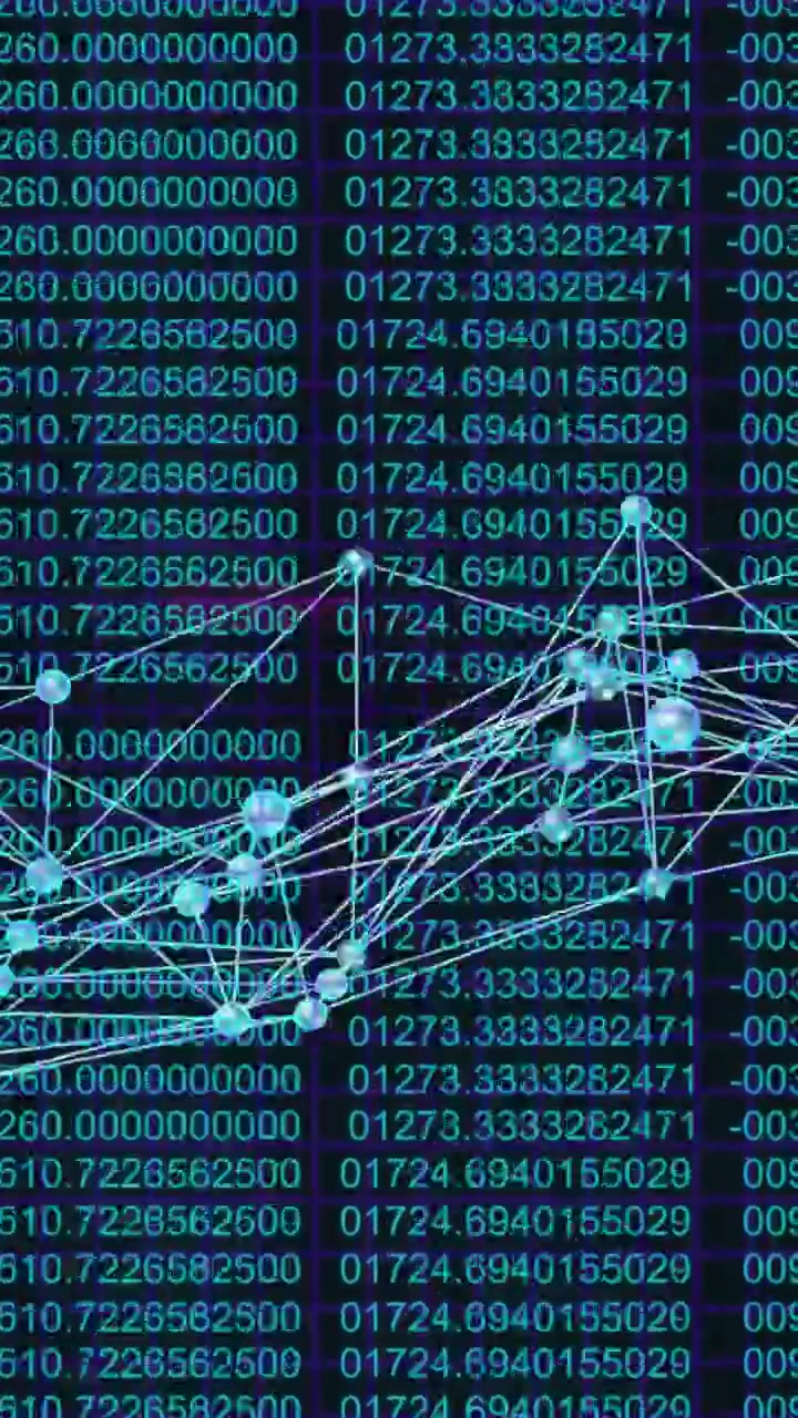 Vertical video: On initial pulse cyan node network expanding, sliding, pulsing, showing live data