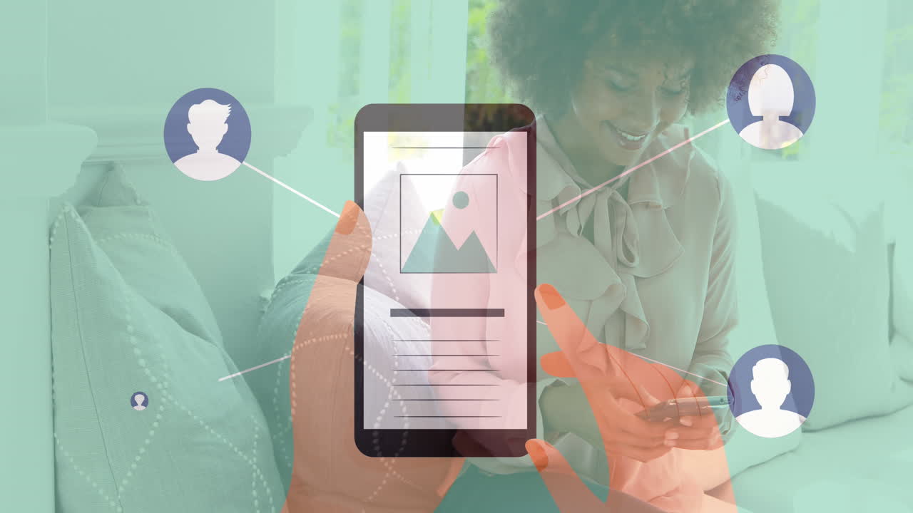 composición digital de la interfaz digital contra la mujer usando la interfaz de teléfono inteligente en el hogar