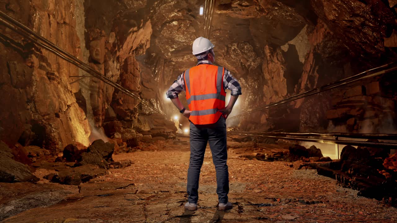Full Body Back View Of A Male Engineer Wearing Safety Helmet Looking Around While Standing With Arms Akimbo In Underground Mine Tunnel