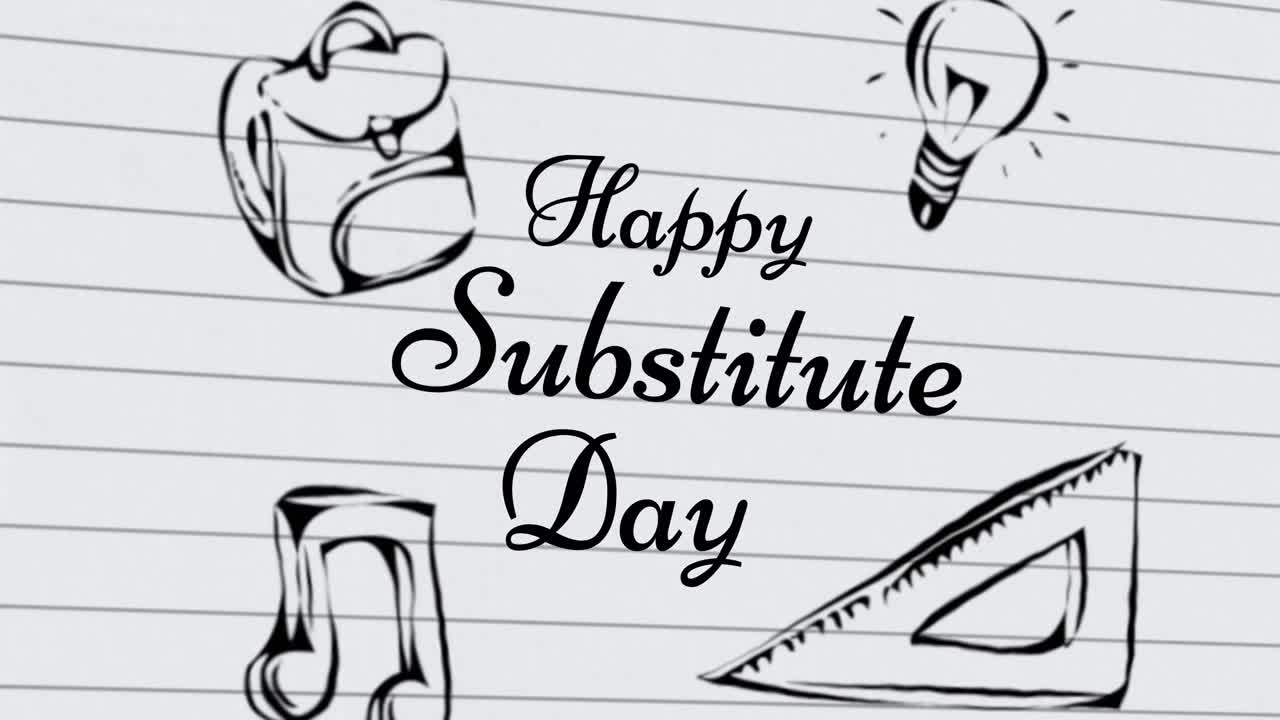 animación del texto del día de la sustitución feliz sobre los artículos escolares