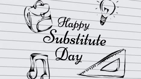 animation of happy substitude day text over school items