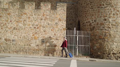 male traveler walking near a crosswalk with his luggage