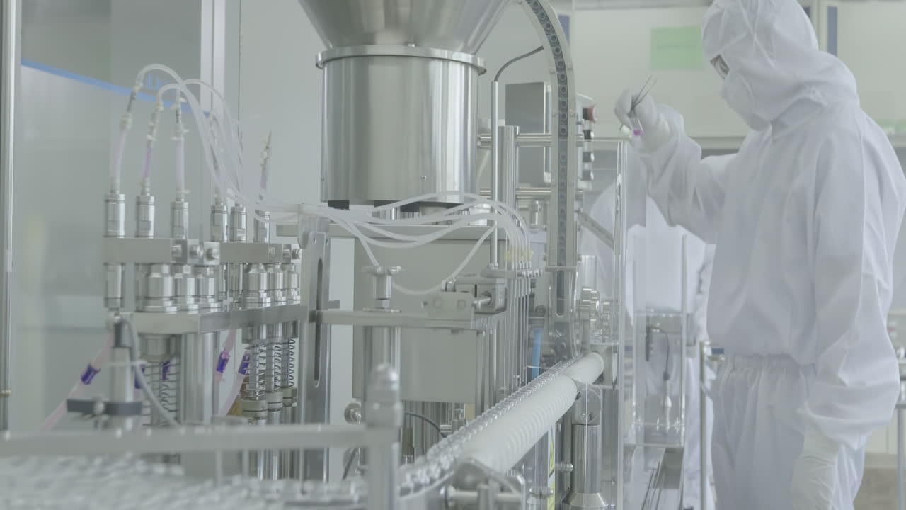 Inside pharmaceutical factory production line, workers in lab coats and masks are conducting quality control for medication vials, ensuring the safety and efficacy of the products being manufactured