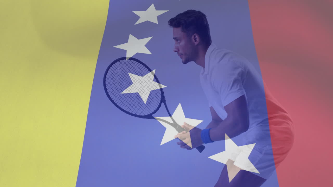 베네수엘라의 발이 두 인종의 남자 테니스 선수 위에 그려진 애니메이션